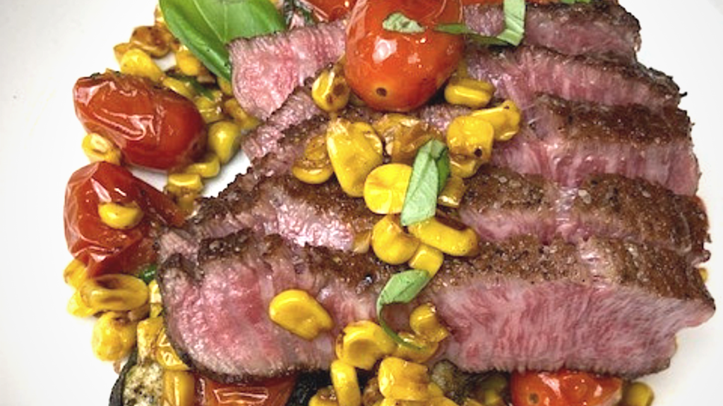 Pan Seared Wagyu Filet Mignon With Blistered Tomato And Roasted Corn