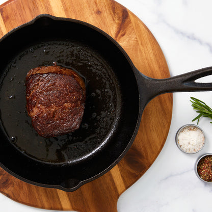 Beautifully caramelized A5 Japanese Wagyu Filet in cast iron skillet